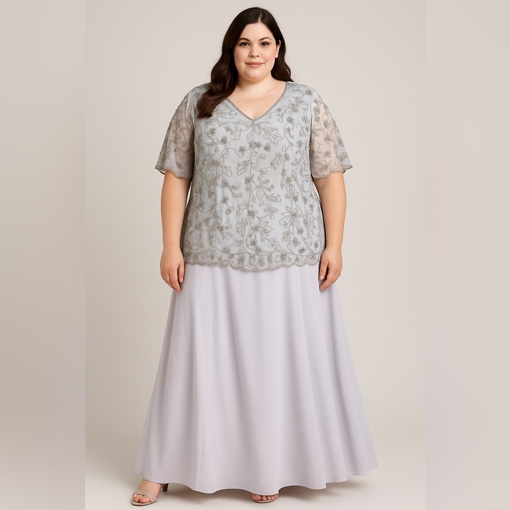 Roamans Silver Beaded Silk 2pc Evening Gown Set Plus Size 28W Top 24W Skirt
